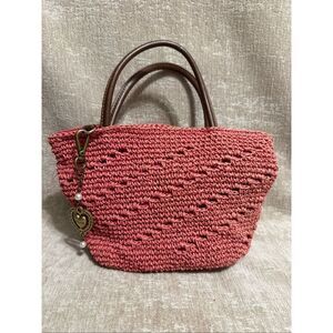 Kenzie Women's Natural Straw Double Faux Leather Handle Handbag Salmon Small